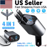 Retractable Car Charger 4 in 1 Fast Car Phone Charger 120W With USB Type C Cable
