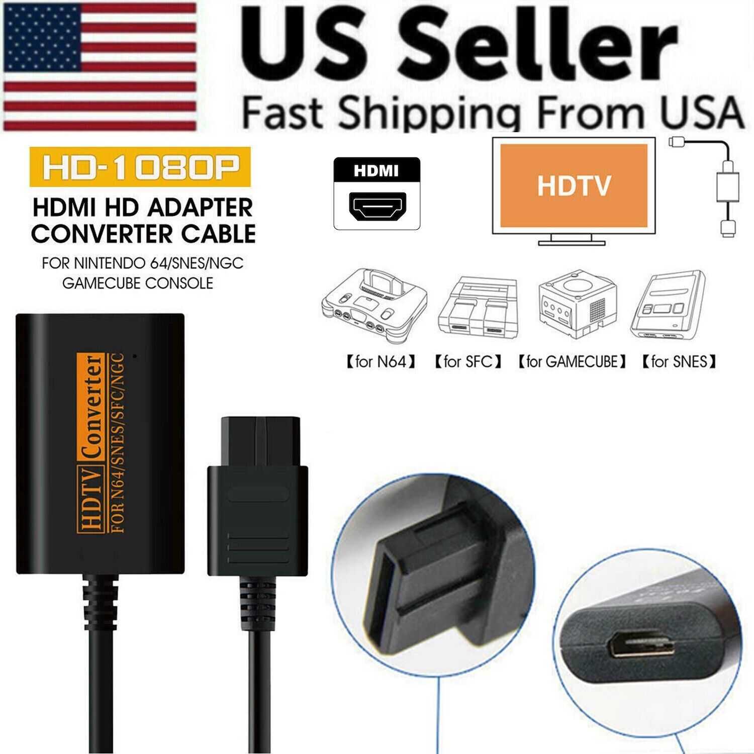d010277549t.jpg N64 To HDMI Converter Adapter HD Link Cable For Nintendo Gamecube Super NES SNES - Image 1