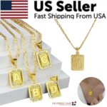 18" Gold Plated Initial Letter Pendant Necklace Stainless Steel Figaro Chain - Image 44