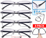 4 PK Mens Rectangular Rimless Blue Light Blocking Reading Glasses Unisex Readers - Image 14