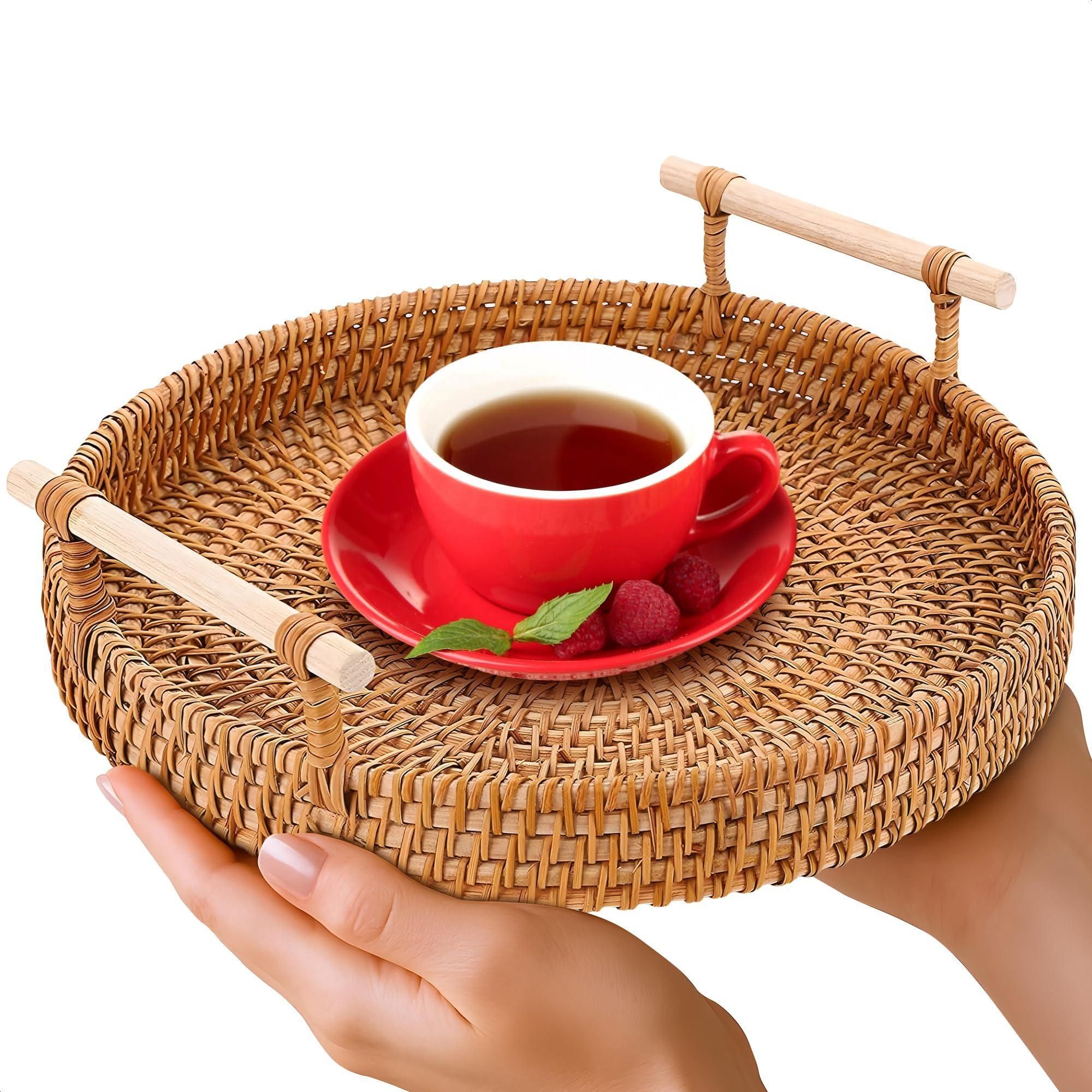 d010277ullt.jpg Rattan Tray 8.7 Inch Round Woven Serving Basket with Handles Decorative Tray for Coffee Table Bread Fruit Vegetables Restaurant Home Use - Image 1