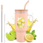 46 Oz Glass Tumbler with Straw and Lid Peach Glass Water Bottle with Natural Bamboo Lid 2 Slim and Boba Straws Silicone Sleeve Dishwasher Safe Car Holder Friendly Ergonomic Grip Easy Visibility
