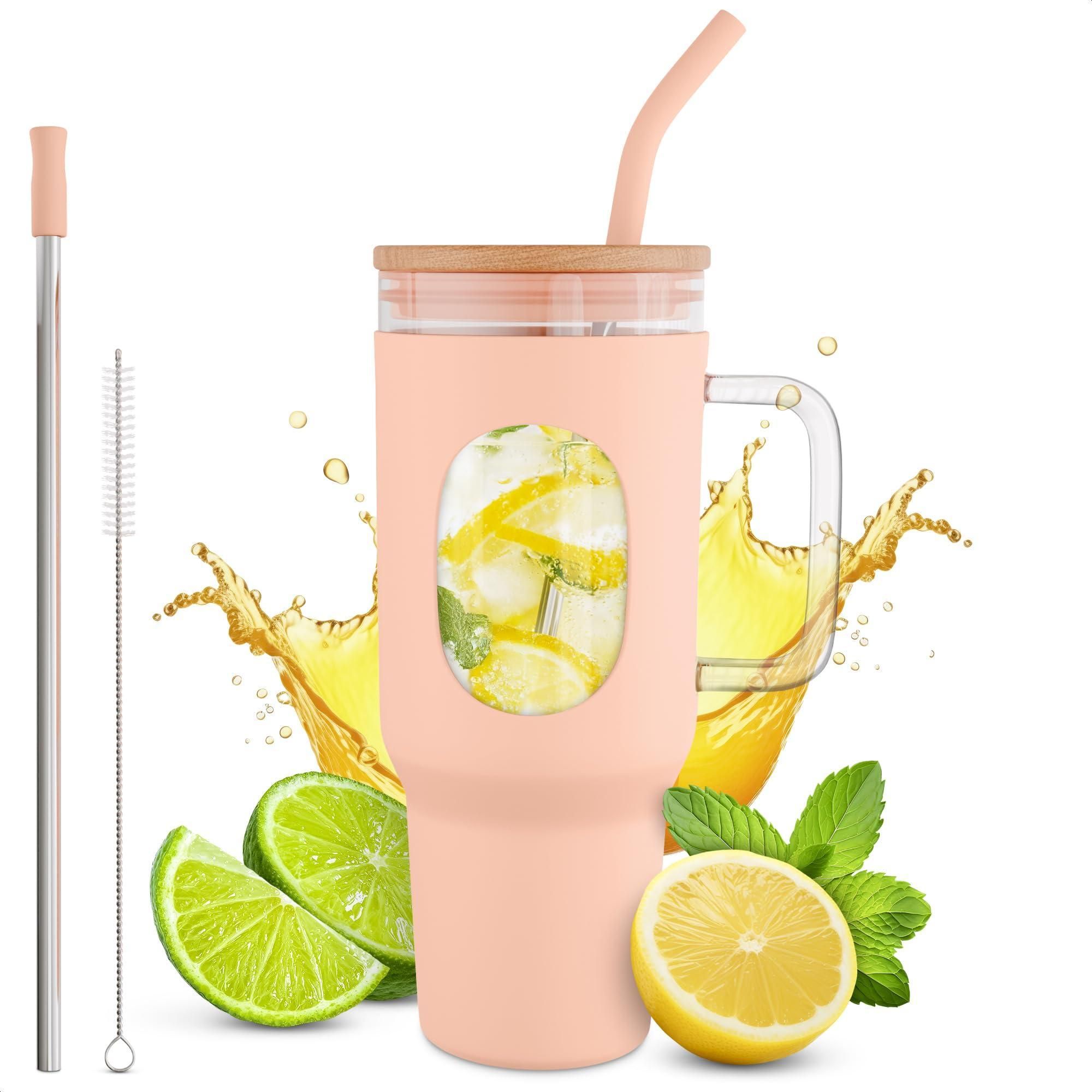 d010277ulv8.jpg 46 Oz Glass Tumbler with Straw and Lid Peach Glass Water Bottle with Natural Bamboo Lid 2 Slim and Boba Straws Silicone Sleeve Dishwasher Safe Car Holder Friendly Ergonomic Grip Easy Visibility - Image 1