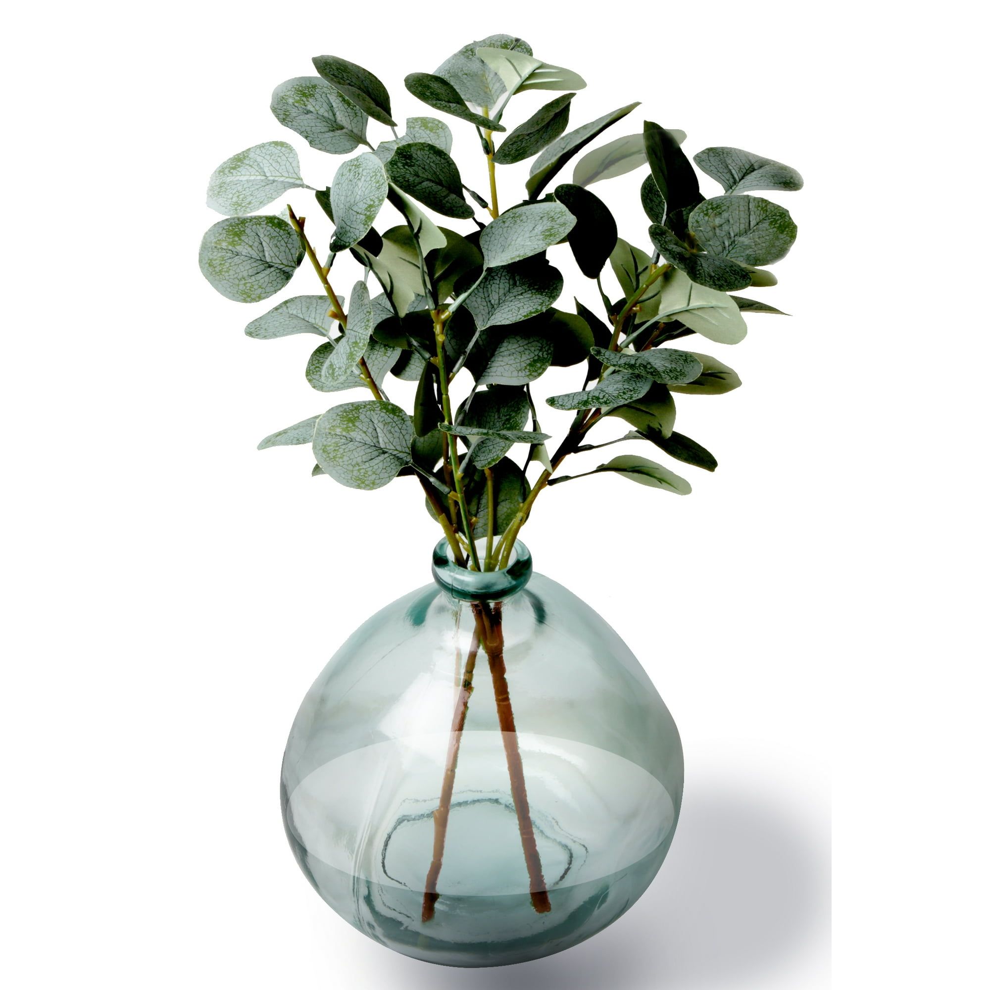 d01027h9qfv.jpg 12" Artificial Green Eucalyptus in Blown Glass Vase - Image 1