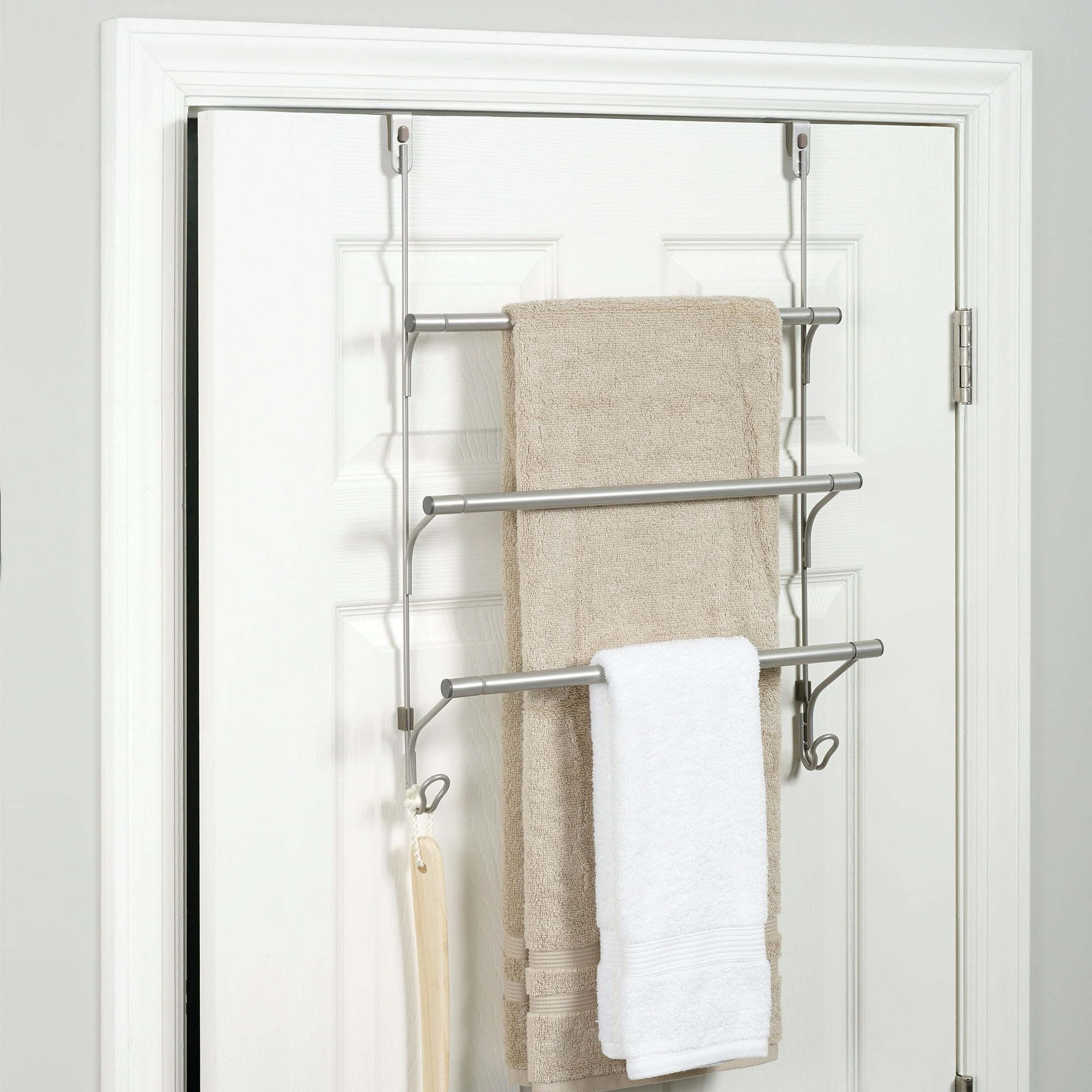 d01027h9uq7.jpg SnugFit Over-the-Door 3-Tier Towel Bar with 2 Hooks, Satin Nickel - Image 1