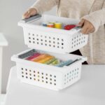 (2 pack) Small Stacking Basket, Open Plastic Bin, Space Saving Organizers, White - Image 3