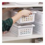 (2 pack) Small Stacking Basket, Open Plastic Bin, Space Saving Organizers, White - Image 5