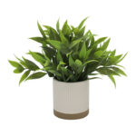 (4 pack) 8" Artificial Tealeaf in White Two-Tone Ribbed Ceramic Pot - Image 3