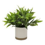 (4 pack) 8" Artificial Tealeaf in White Two-Tone Ribbed Ceramic Pot - Image 5