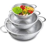 Colander Set of 3, Stainless Steel Micro-Perforated Colanders Strainers for Draining Rinsing Washing, Ideal for Pasta Vegetables Fruits, Heavy Duty & Dishwasher Safe - 1/3/5 Quart