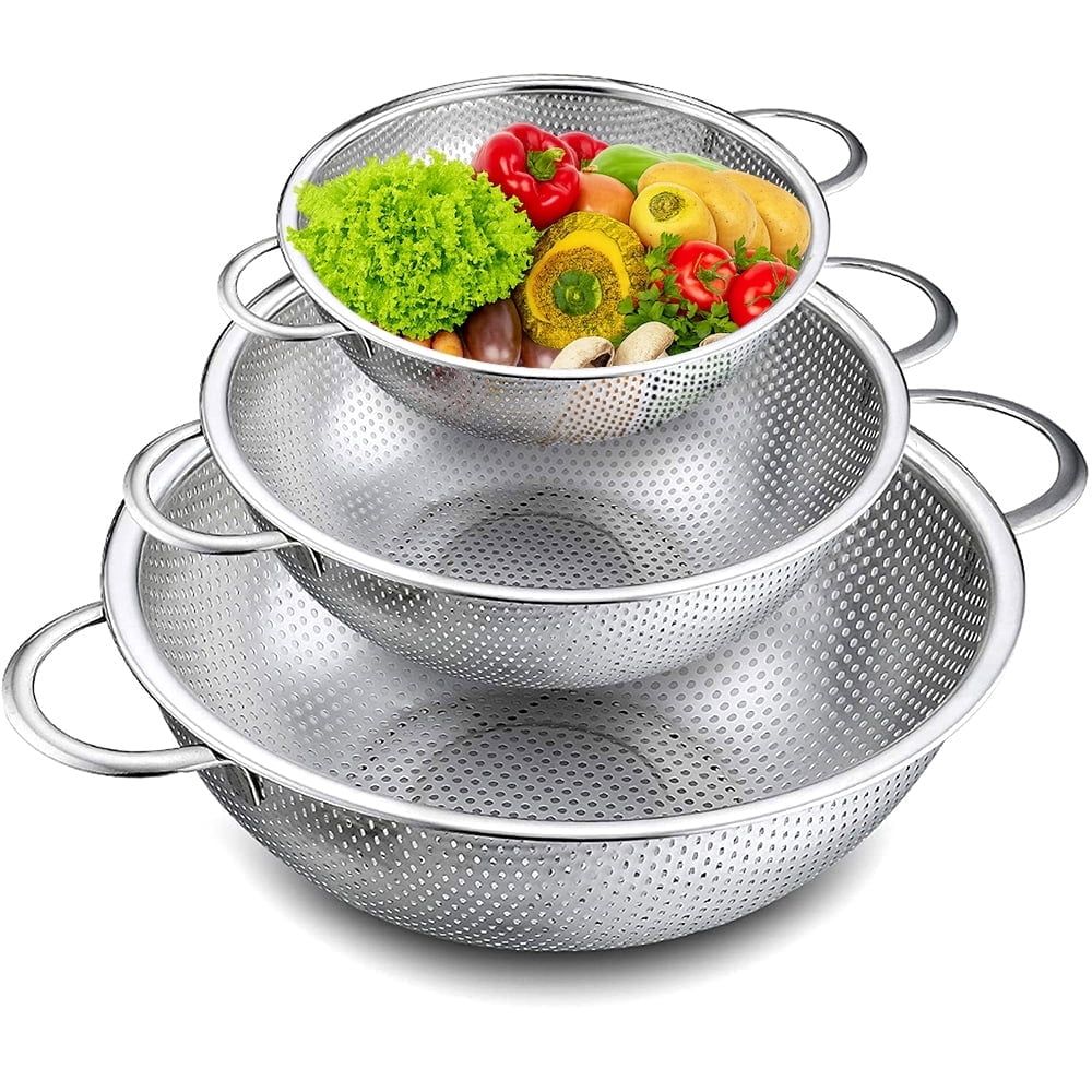 d01027hi1nw.jpg Colander Set of 3, Stainless Steel Micro-Perforated Colanders Strainers for Draining Rinsing Washing, Ideal for Pasta Vegetables Fruits, Heavy Duty & Dishwasher Safe - 1/3/5 Quart - Image 1