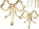 2-pack multi-purpose brass screw hooks with bow design, vintage style, practical gold wall hooks, suitable for bathrooms and bedrooms, perfect for hanging hats, towels, coats.