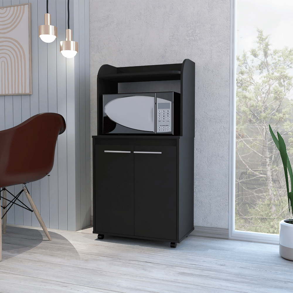 d01027ri5c8.png Lucca Kitchen Cart, Double Door Cabinet, One Open Shelf, Two Interior Shelves - Image 1