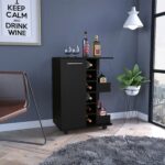Magda Bar Cart, Four Casters, Six Built-in Wine Rack, Single Door Cabinet, Two External Shelves