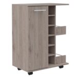 Magda Bar Cart, Four Casters, Six Built-in Wine Rack, Single Door Cabinet, Two External Shelves - Image 14
