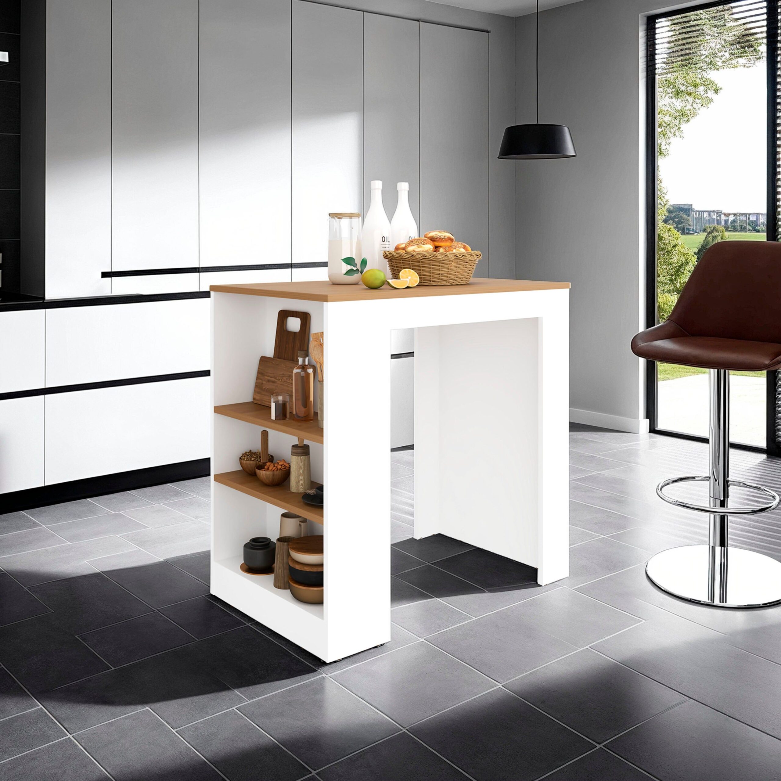 d01027rjzjp.jpg Lacour Kitchen Island, Kitchen Bar Table with Three-Side Shelves - Image 1