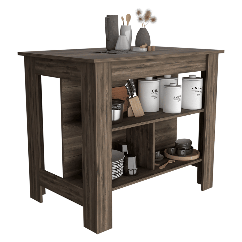 d01027rl8c6.png Delos Kitchen Island, kitchen table 35" H, Four Legs, Three Open Storage Shelves - Image 1