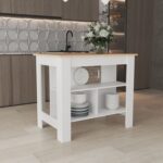 Delos Kitchen Island, kitchen table 35" H, Four Legs, Three Open Storage Shelves - Image 14