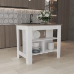 Delos Kitchen Island, kitchen table 35" H, Four Legs, Three Open Storage Shelves - Image 18