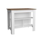 Delos Kitchen Island, kitchen table 35" H, Four Legs, Three Open Storage Shelves - Image 11