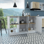 Coral Kitchen Island with Large Countertop, Open Storage Shelves, Double Door Cabinet - Image 3