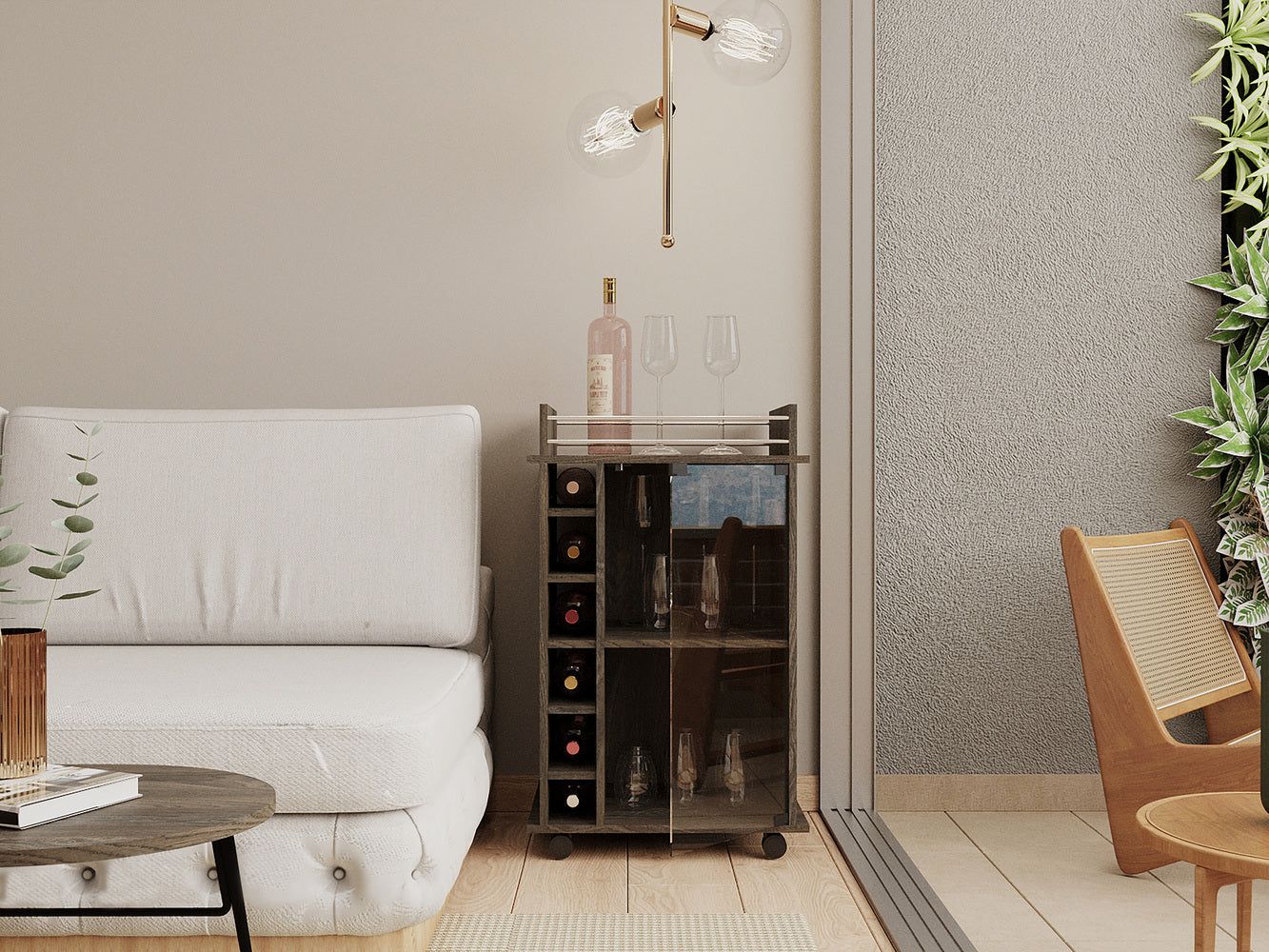 d01027rlwkp.jpg Huali Bar Cart, Six Built-in Wine Rack, Glass Door, Four Casters, Two Shelves - Image 1