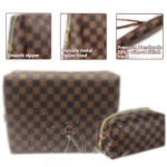 Checkered Makeup Bag,  2Pcs Travel Cosmetic Bags,  Portable Toiletry Organizer for Women,  Lightweight and Waterproof Leather Toiletries Bag for Girl Friend Wife Christmas Gifts,  Brown - Image 3