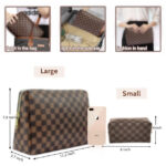 Checkered Makeup Bag,  2Pcs Travel Cosmetic Bags,  Portable Toiletry Organizer for Women,  Lightweight and Waterproof Leather Toiletries Bag for Girl Friend Wife Christmas Gifts,  Brown - Image 4
