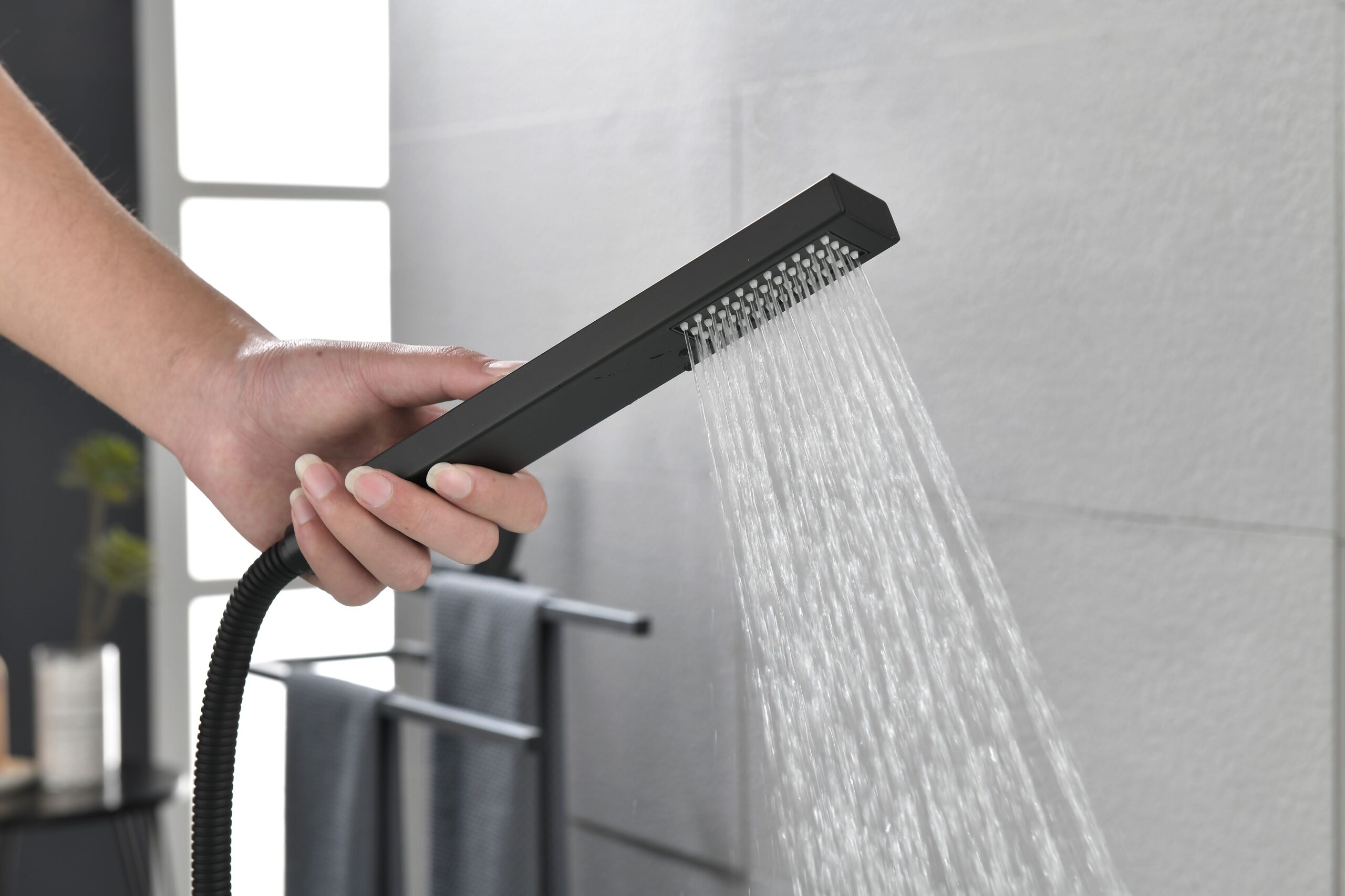 d0102h2ve3v.jpg Freestanding Bathtub Faucet Tub Filler Matte Black Floor Mount Bathroom Faucets Brass Single Handle with Hand Shower - Image 1