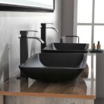 14.38" L -22.25" W -4-3/8 in. H Matte Shell Glass Rectangular Vessel Bathroom Sink in Black with Faucet and Pop-Up Drain in Matte Black - Image 3