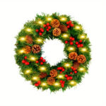 24 Inch 30 LED Prelit Christmas Wreath Artificial Christmas Wreaths for Front Door 160 Branches 5 Pinecones 30 Red Berried Battery Oper - Image 2