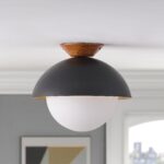 13.5 in. 1-Light Wood Gold Leaf Dome Semi-Flush Mount Light with Opal Glass Globe - 13.5 in. W x 11.4 in. H - Gold Leaf/White - Image 3