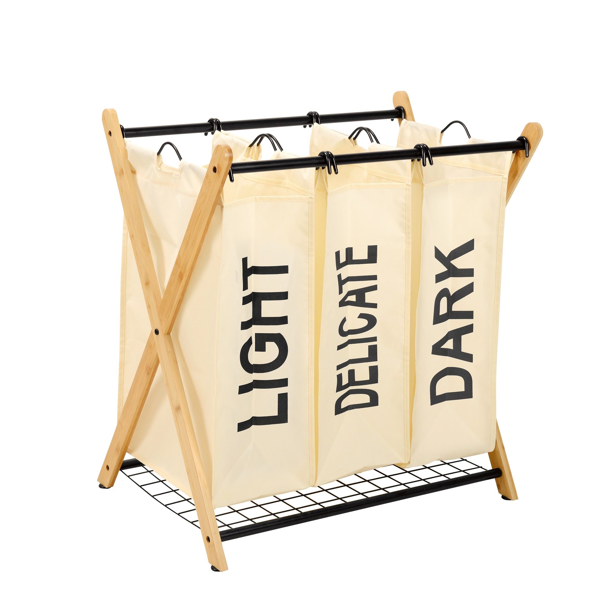 d0102hhgpy2.jpg Oceanstar X-Frame Bamboo 3-Bag Laundry Sorter, White - Image 1