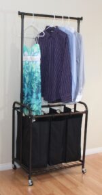 Oceanstar 3-Bag Rolling Laundry Sorter with Adjustable Hanging Bar, Bronze - Image 2