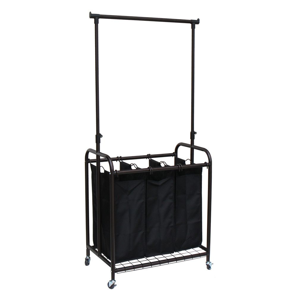 d0102hpy5fu.jpg Oceanstar 3-Bag Rolling Laundry Sorter with Adjustable Hanging Bar, Bronze - Image 1