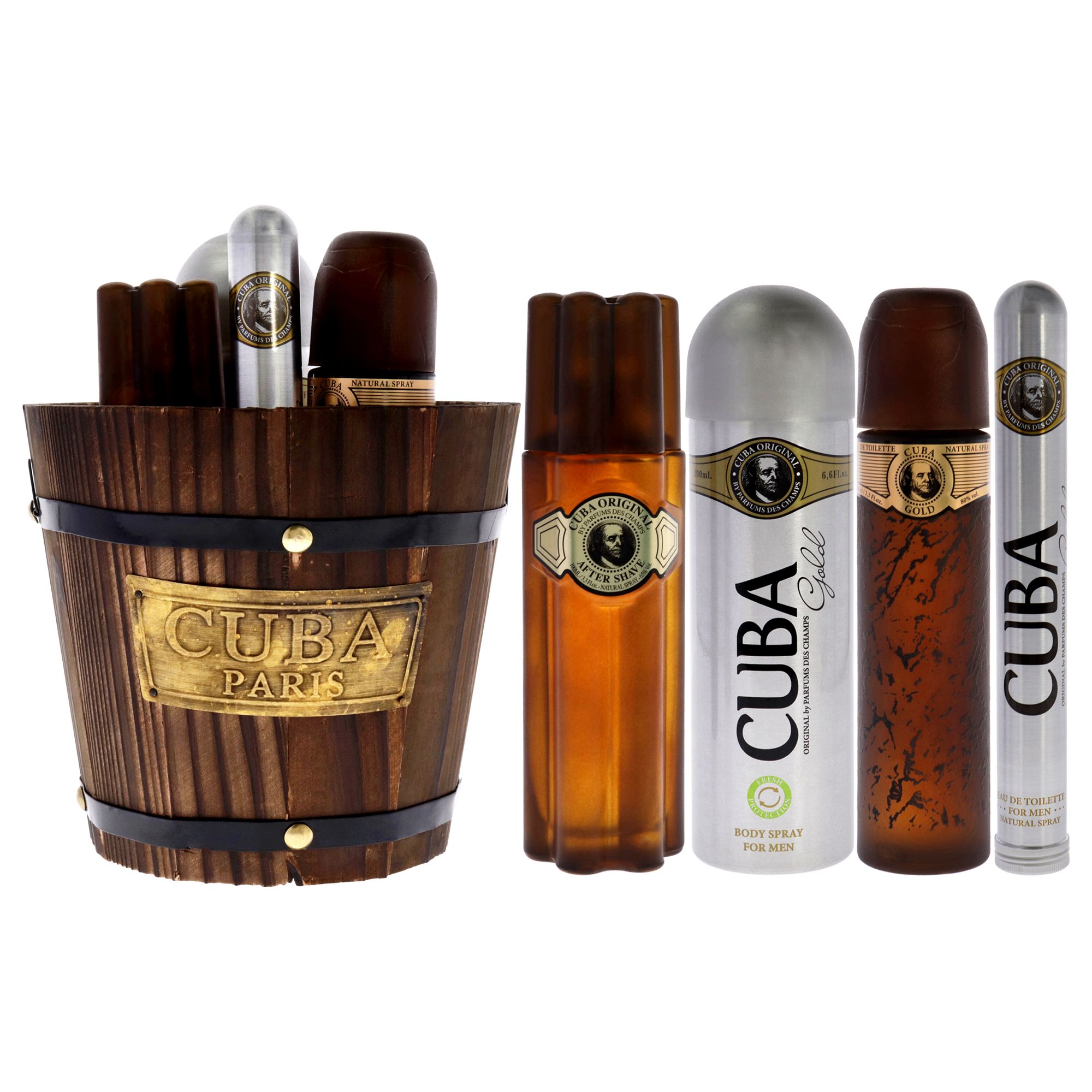 d0102hq8j9g.jpg Cuba Gold by Cuba for Men - 4 Pc Gift Set 3.3oz EDT Spray, 1.17oz EDT Spray, 6.6oz Deodorant Spray, 3.3oz After Shave, Buckett - Image 1
