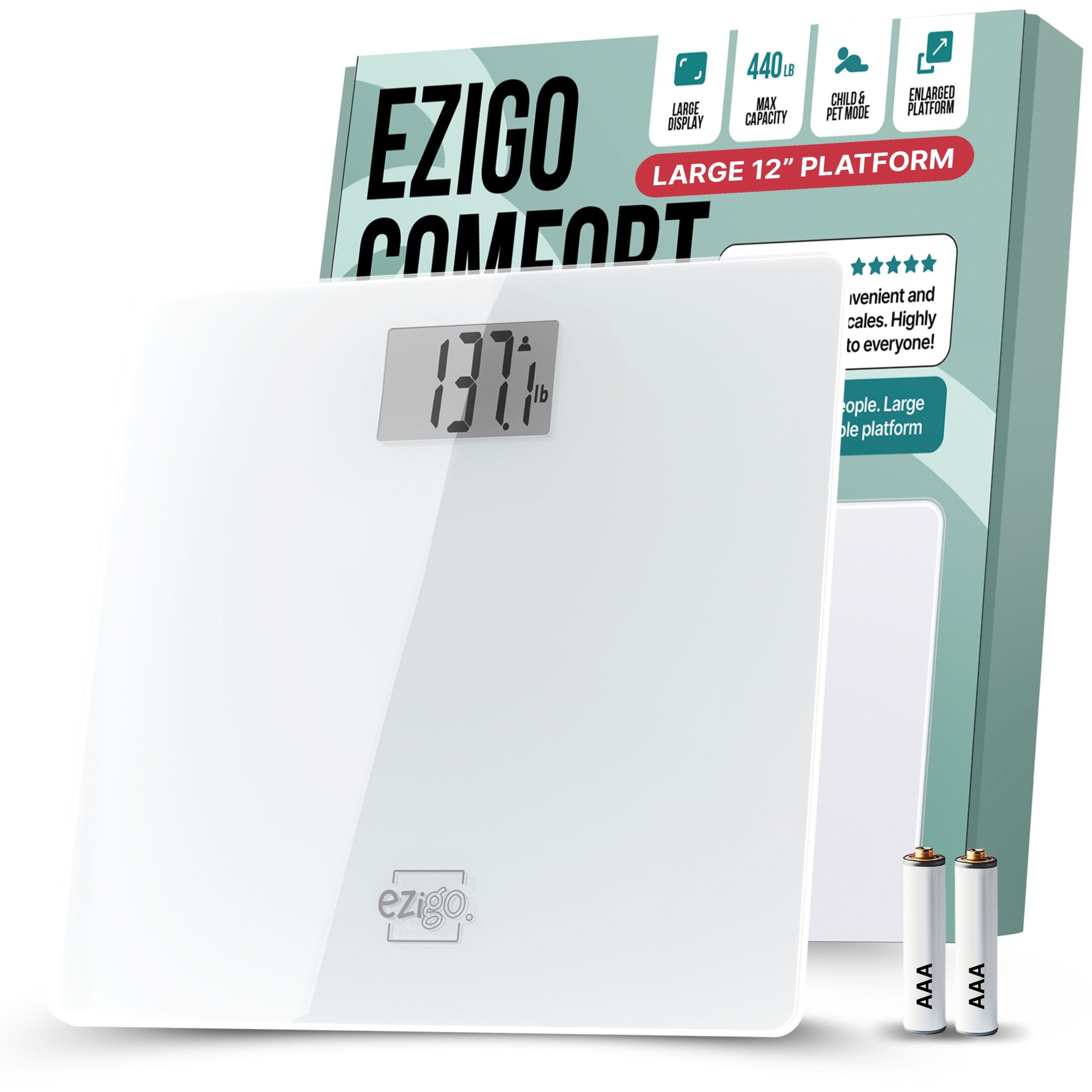 d0102hsvchp.jpg Digital Bathroom Scale for Body Weight EziGo Large Platform 12 inch 30cm, High Capacity 440lb 200kg, Accurate Scale for Adults, Elderly, Seniors, Pets, and Babies - Image 1