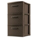 3 Drawer Weave Tower, Plastic Decor Drawers with Pull Handles, Brown