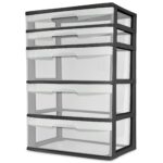 5 Drawer Wide Tower, with both Shallow and Deep Clear Plastic Drawers, Black