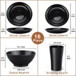 Black Dinnerware Set for 4, 16 Pack Plastic BPA-Free Dinner Plates, Salad Plates, Cereal Bowls, Cups, Unbreakable Plates and Bowls Sets, Microwave and Dishwasher Safe - Image 2