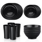Black Dinnerware Set for 4, 16 Pack Plastic BPA-Free Dinner Plates, Salad Plates, Cereal Bowls, Cups, Unbreakable Plates and Bowls Sets, Microwave and Dishwasher Safe