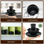 Black Dinnerware Set for 4, 16 Pack Plastic BPA-Free Dinner Plates, Salad Plates, Cereal Bowls, Cups, Unbreakable Plates and Bowls Sets, Microwave and Dishwasher Safe - Image 3