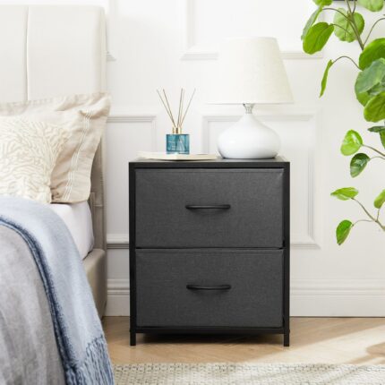 2 Drawer Fabric Nightstand, Grey Finish