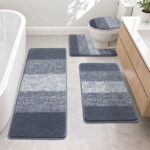 Traditional 4 Piece Microfiber Washable Bathroom Rug Set, Grey