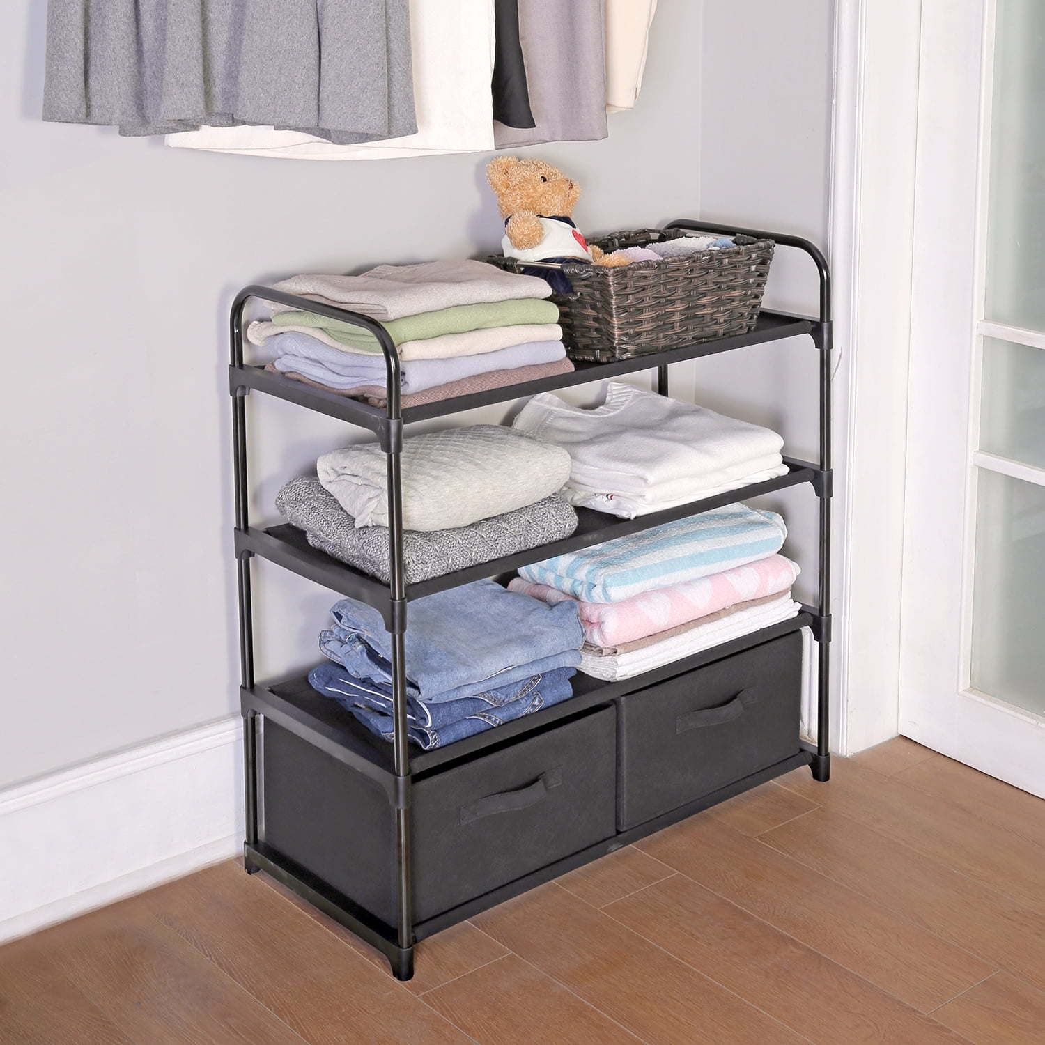 d0102x3m7z7.jpg 4 Shelf Closet Organizer with 2 Bins, Black, Metal Frame, Adult and Child - Image 1
