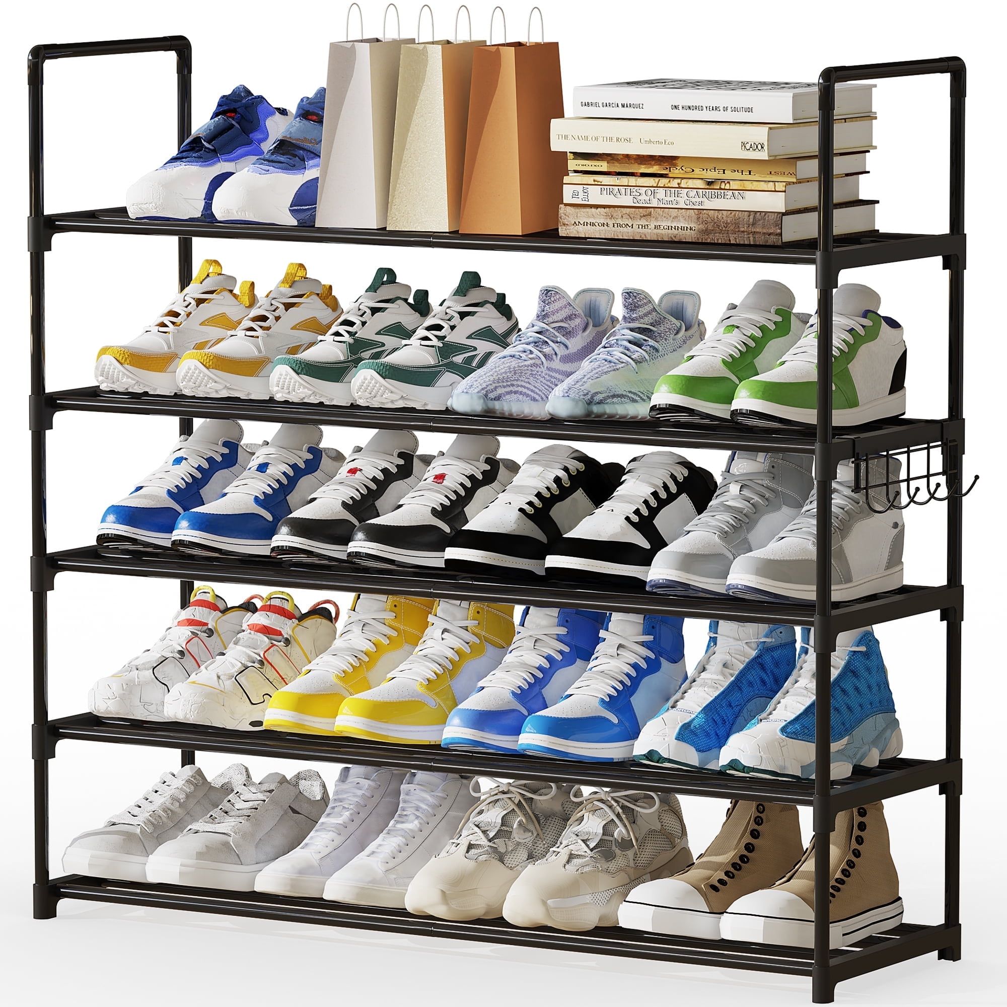d0102x3mr57.jpg 5-Tier Stackable Shoe Rack Organizer with Metal Frame, 35.5 inch Length, Holds 25–30 Pairs, Black - Image 1