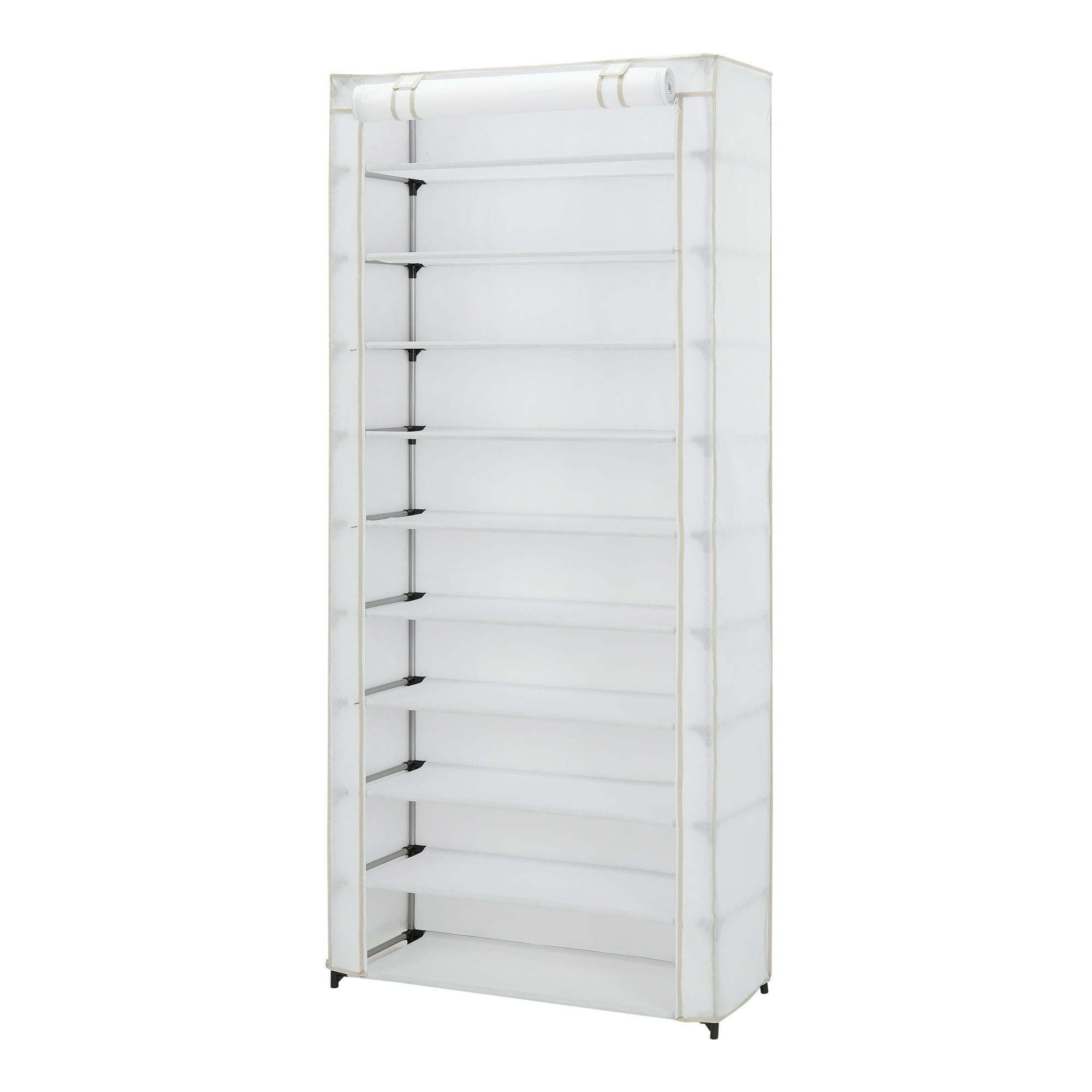 d0102x3mxu7.jpg 10 Shelf Organizer Shoe Rack with Cover to Hold 30 Pair Shoes, 31.5 in W x 13.46 in D x 69.09 in H, White - Image 1