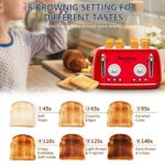 4 Slice Retro Style Toaster, Dual Control Toaster with Warming Rack, 6 Browning Settings, Bagel/Defrost Functions, Removable Crumb Tray, Stainless Steel Housing 1650W, Red - Image 7
