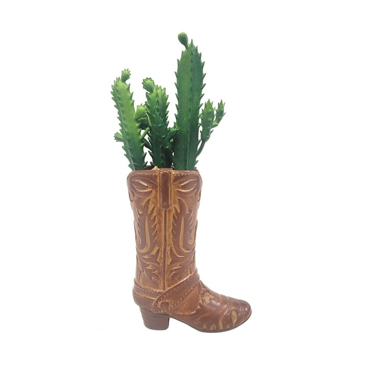 d0102x3vfby.jpg (4 pack) 7.25" Artificial Cactus Succulent in Brown Ceramic Cowboy Boot Planter - Image 1
