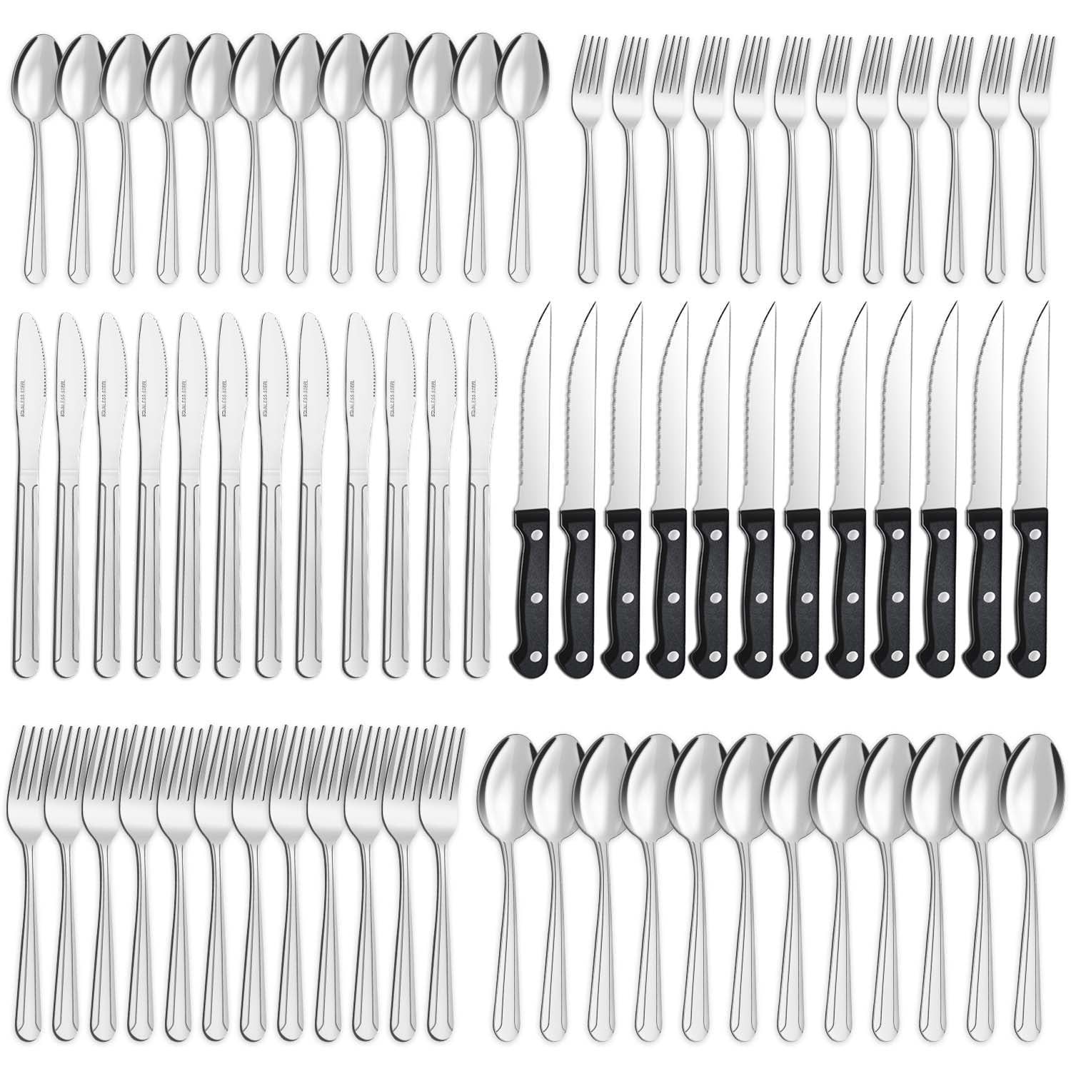 d0102x3wdga.jpg 72 Pieces Silverware Set with Steak Knives, Stainless Steel Pattern Design Cutlery Set for 12, Flatware Set Mirror Polished, Tableware Set for Home Kitchen Restaurant Hotel, Dishwasher Safe - Image 1